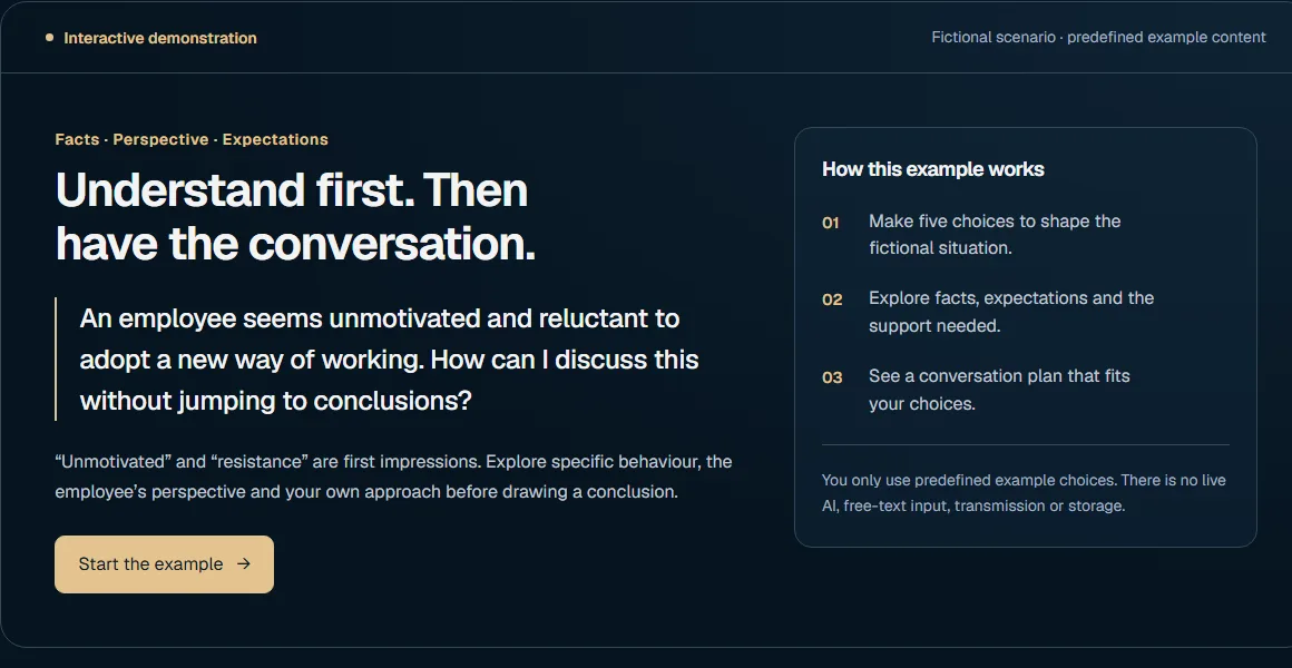 Screenshot of the management demo: the fictional conversation scenario with an explanation of how the example works.