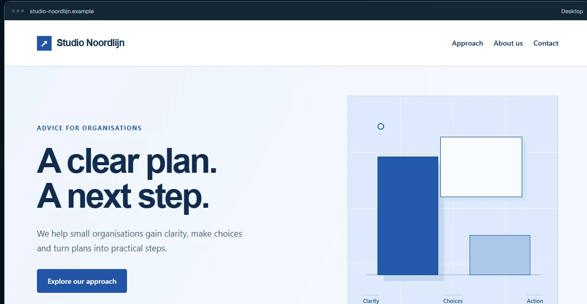Screenshot of the website styles demo: the fictional client website of Studio Noordlijn in the professional style.